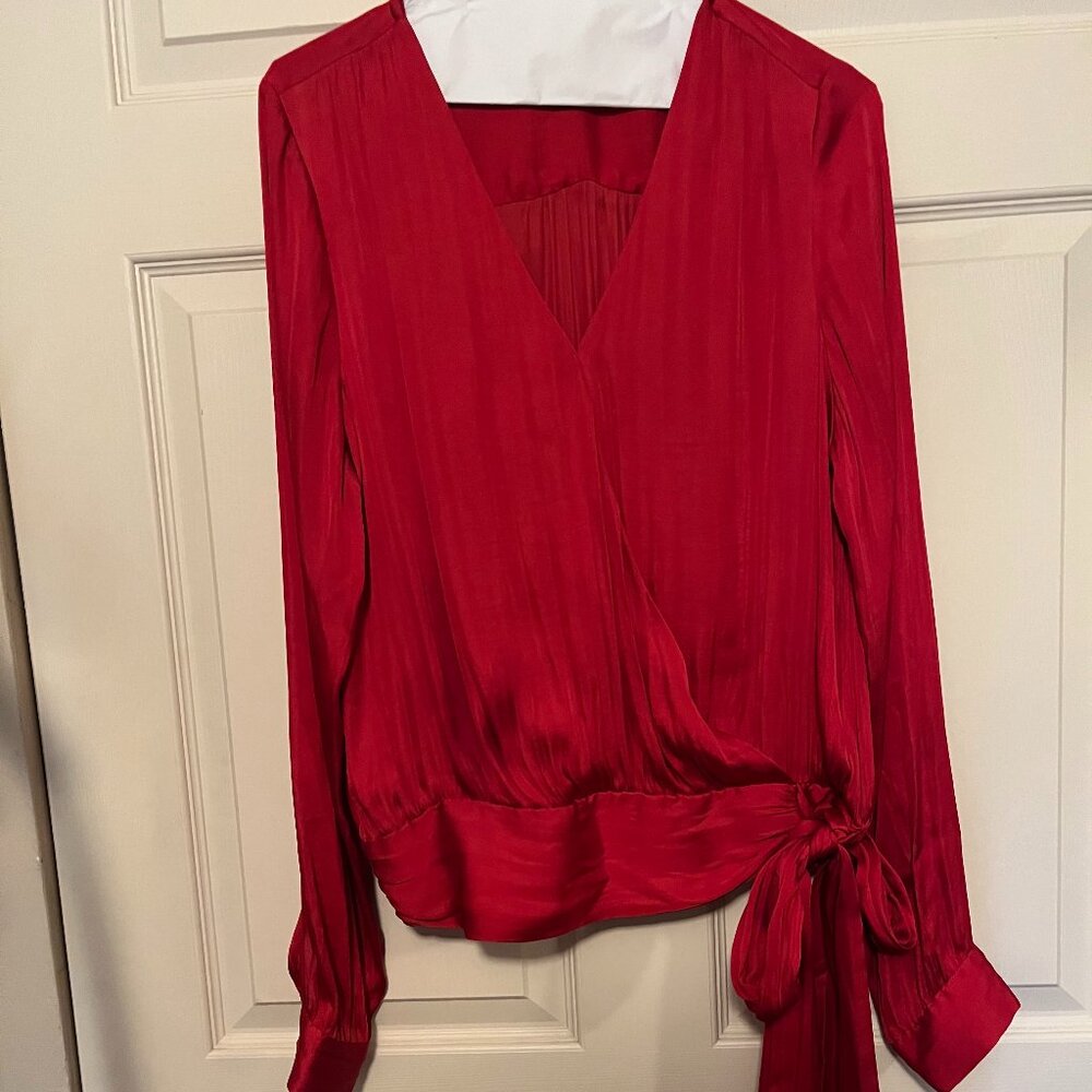 Red Silk Banana Republic blouse with tie waist